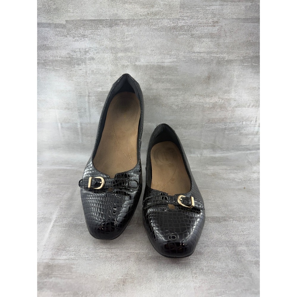 Clarks Women Black Croc Embossed Buckle Loafers Low Block Heel Sz 8.5M 261132394